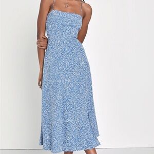 Blue floral print dress- sleeveless lace-up midi dress